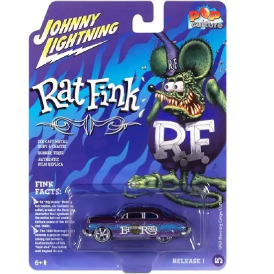 1949 Mercury Coupe Custom Purple Metallic with Graphics "Rat Fink" "Pop Culture" 1/64 Diecast Model Car by Johnny Lightning image {2}