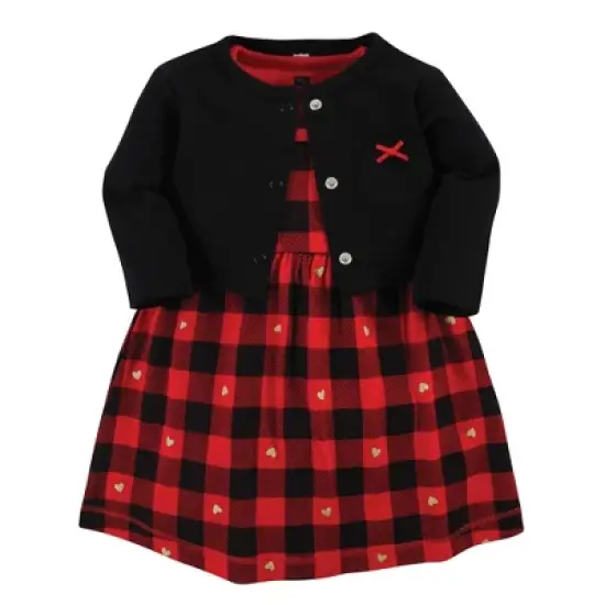 Hudson Baby Baby Girls Cotton Dress and Cardigan Set, Gold Heart Buffalo Plaid image {13}