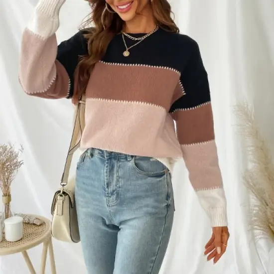 Women's Long Sleeve Colorblock Knit Round Neck Sweater - Cupshe image {1}