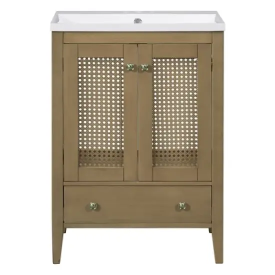 24" Bathroom Vanity with Ceramic Basin, Two Doors and Drawers, Natural - ModernLuxe image {4}