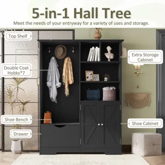 TIRAMISUBEST Hall Tree with Bench & Storage - Modern Entryway Organizer with Drawers, 5 Hooks & Shoe Cabinet, Black image {3}