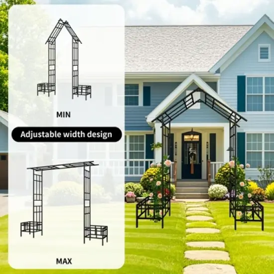 Lirago Black Metal Garden Arch - Adjustable 2-in-1 Galvanized Iron Trellis with Gate Dual-Style Assembly image {1}