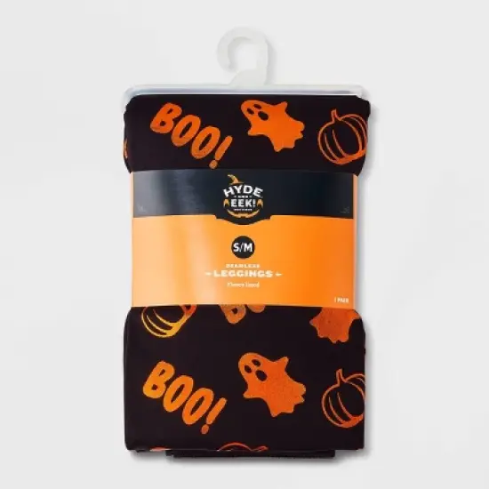 Women's Foil Printed "Boo!" Halloween Seamless Fleece Lined Leggings - Hyde & EEK! Boutique&trade; Black/Orange image {1}