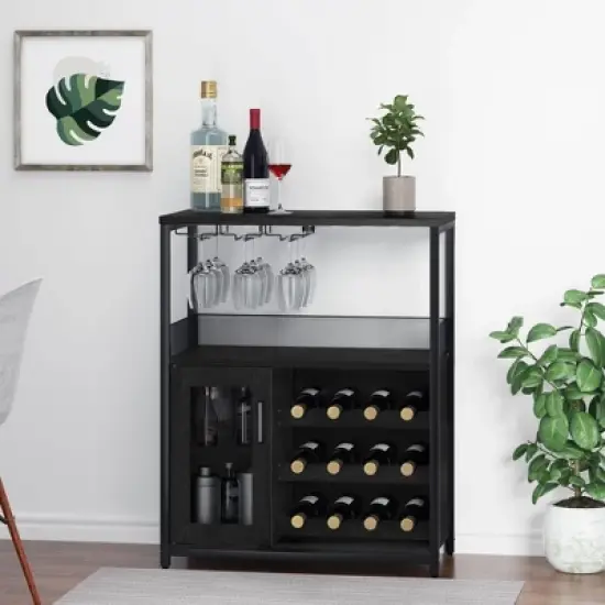 3-Tier Industrial Wine Bar Cabinet with Detachable Wine Rack, Drawer, Glass Holder & Mesh Doors Durable Sideboard and Buffet Storage, Brown image {9}