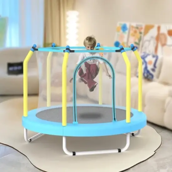 GDFStudio Benedict Outdoor/Indoor 55" Round Trampoline with Enclosure and Basketball Hoop image {6}