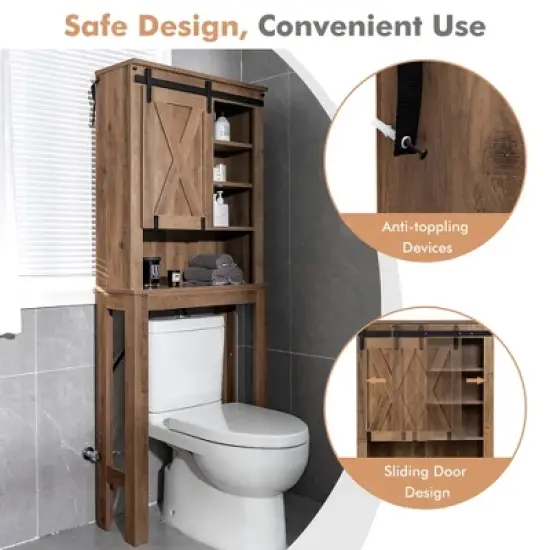 Costway Toilet Storage Rack with Sliding Barn Door & Adjustable Shelves, Rustic Brown image {7}