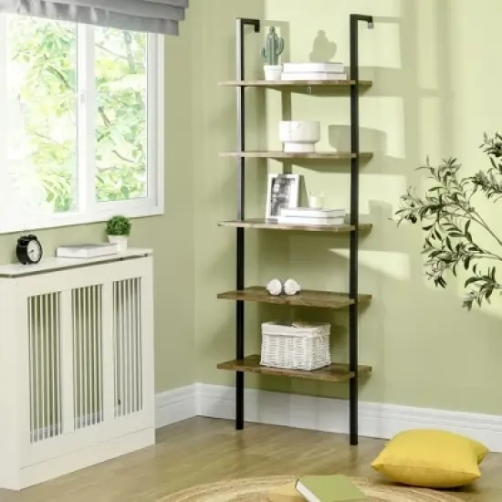 HOMCOM Industrial 5 Tier Ladder Shelf, Wall Mount Storage Shelves Bookcase with Metal Frame, Corner Unit, Plant Flower Rack for Living Room, Balcony, Brown image {1}
