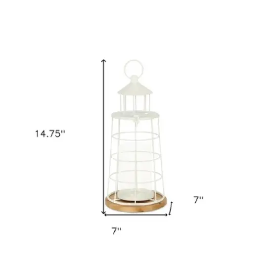 HomeRoots 15" White And Natural Metal And Wood Lighthouse Tabletop Lantern Candle Holder image {2}