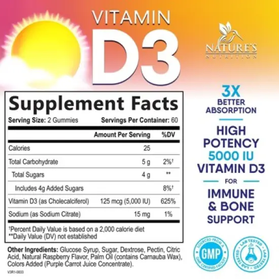 Vitamin D3 Gummies - Extra Strength 125mcg 5000IU Supplement for Adults and Kids - 60 Gummies;120 Gummies image {1}
