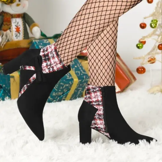 Allegra K Women's Plaid Pointed Toe Block Heels Ankle Boots image {1}