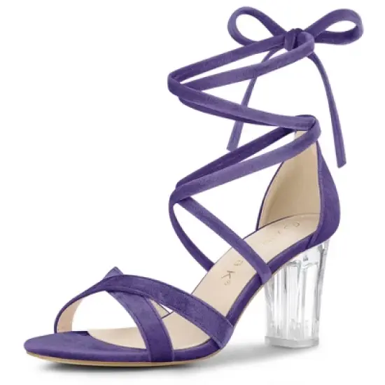 Allegra K Women's Velvet Lace Up Clear Heels Block Heel Sandals image {8}