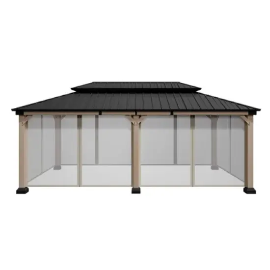 Mondawe 12x20Ft. Outdoor Solid Wood Frame Patio Gazebo Galvanized Steel Hardtop with Netting image {9}