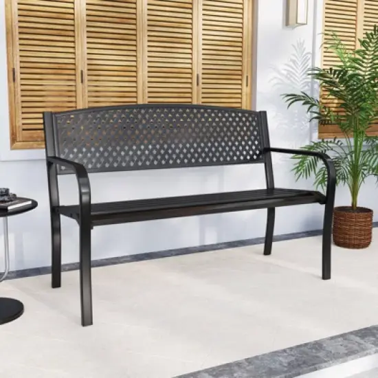 Costway 50 Inches Garden Bench Outdoor Bench with Patterned Backrest and Curved Armrests image {3}
