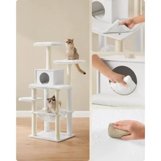 Feandrea WoodyWonders Cat Tree, Cat Tower for Indoor Cats, 54.3-Inch Multi-Level Cat Condo, Scratching Posts, Hammock, Removable, Washable Cushions image {2}