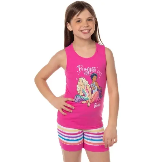 Barbie Girls' Princess Vibes Characters Sleep Pajama Set Tank Top Shorts Pink image {5}