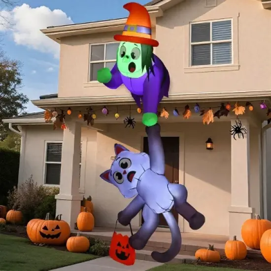 Joyfy 8.2 FT Tall Halloween Outdoor Inflatable Decoration, Witch and Black Cat Hanging Inflatable with LEDs for Indoor Outdoor Yard Roof Decoration image {3}