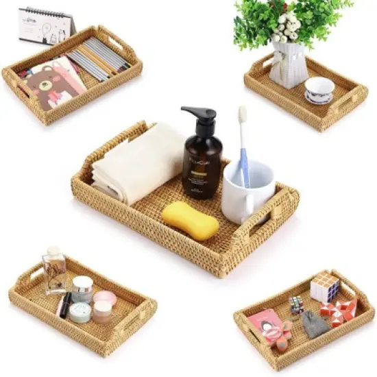 BRINJOY Handwoven Rattan Tray with Handles - 12.4x8.3 inch Rectangular Storage Basket for Breakfast, Snacks, Coffee Table Organization image {1}