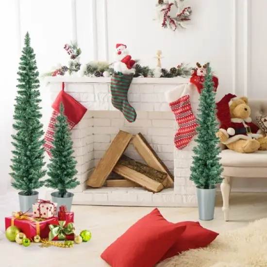 Costway Potted Artificial Christmas Tree Set of 3 with 3/4/5 FT Faux Slim Pencil Trees image {3}