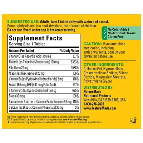 Nature Made Super Vitamin B Complex with Folic Acid + Vitamin C for Immune Support Tablets - 140ct image {2}