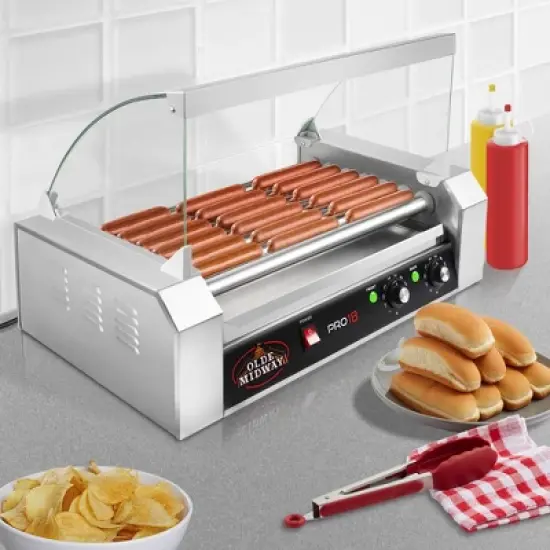 Olde Midway Electric Hot Dog Roller Grill Cooker with Glass Cover, Commercial Grade Machine image {6}