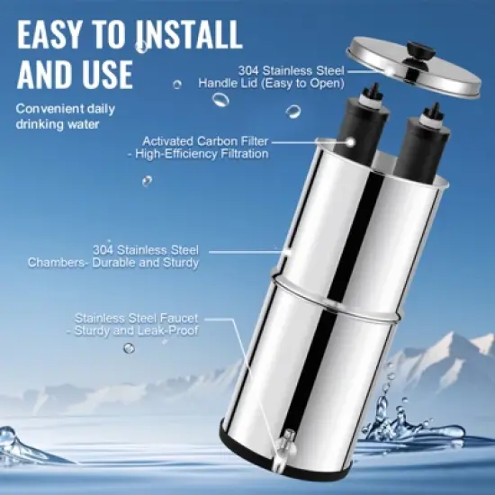 VEVOR Gravity-fed Water Filter System, 2.25G 304 Stainless-Steel Countertop System, Water Filtration System, Reduces Lead and up to 99% of Chlorine image {6}