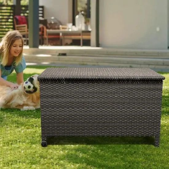 Garvee Large Deck Box Waterproof PE Rattan Outdoor Storage Box with Handles and Wheels, Storage Bin for Garden, Balcony, Porch, Pool, Yard image {5}