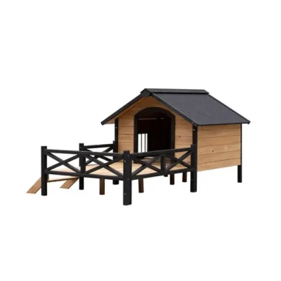 LOVMOR Outdoor Large Wooden Cabin House Style Wooden Dog Kennel with Porch image {7}