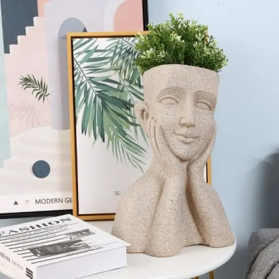 LuxenHome Speckled Beige MgO Happy Bust Head Planter image {3}