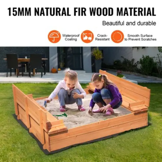 VEVOR Wooden Sandbox, 52.4 x 47.2 x 16.9 in Sand Box, Sand Pit with Foldable Bench Seats and Bottom Liner, Gift for Boys Girls Ages 3-12 image {3}