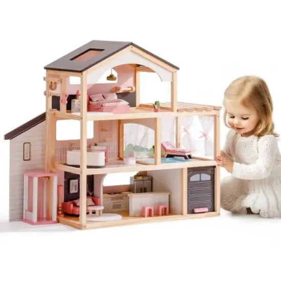 ROBOTIME Dollhouses Wooden Doll House, Toy Furniture Set, Toddler Doll House for 3 Year Old, Kids Doll House ,Girls Gifts, Black, 11.6"*31.5"*27.4" image {4}