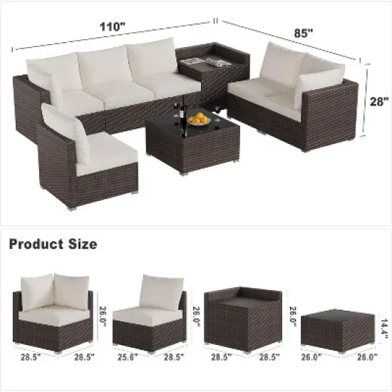 Garvee 8 Pieces Outdoor Patio Furniture Set with Storage, 4 Inch Cushions Outdoor Wicker Rattan Patio Furniture Sectional Set with Glass Table, Brown image {1}