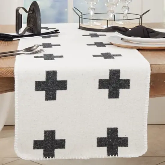 Saro Lifestyle Geometric Reversible Plus Sign Table Runner, 16"x72", Black image {2}