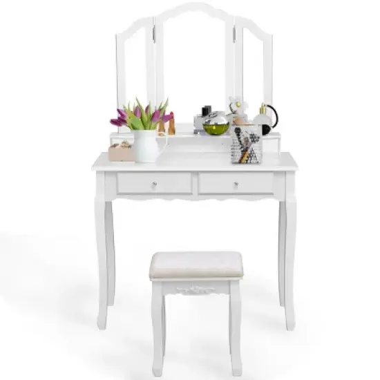 Tangkula Removable Tri-folding Mirror Vanity Table Unit Makeup Set w/ Stool & 4 Drawers image {1}