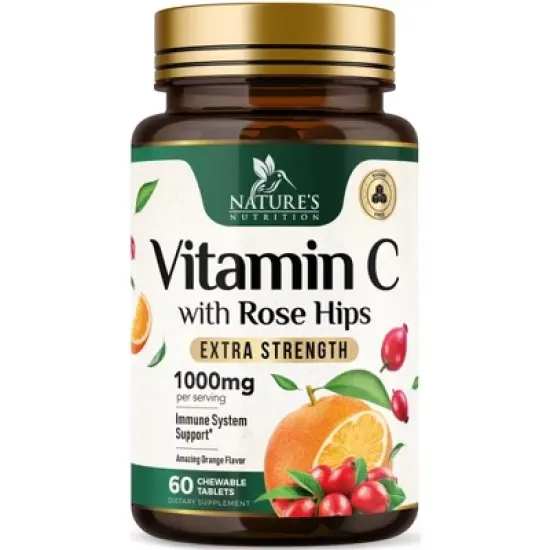 Chewable Vitamin C 1000mg - Extra Strength Antioxidants for Powerful Immune Support w/Vitamin C & Rose HIPS - Potent Dietary VIT C Chews - 60 Tablets image {9}