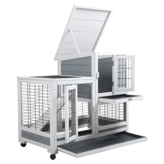 DOMETOUR Wooden Rabbit Hutch, Outdoor Pet Bunny House Wooden Cage with Ventilation Gridding Fence, Openable Door, Cleaning Tray, Gray image {4}