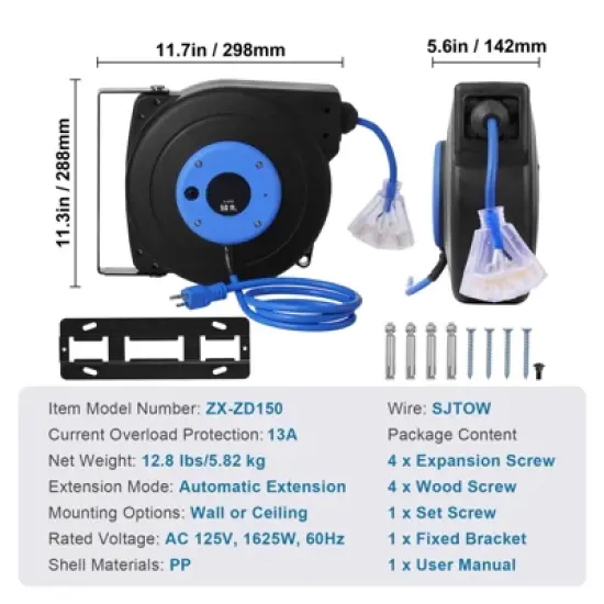 VEVOR Retractable Extension Cord Reel, 50 FT, Heavy Duty 14AWG/3C SJTOW Retractable Power Cord with Lighted Triple Tap Outlet, Black image {7}