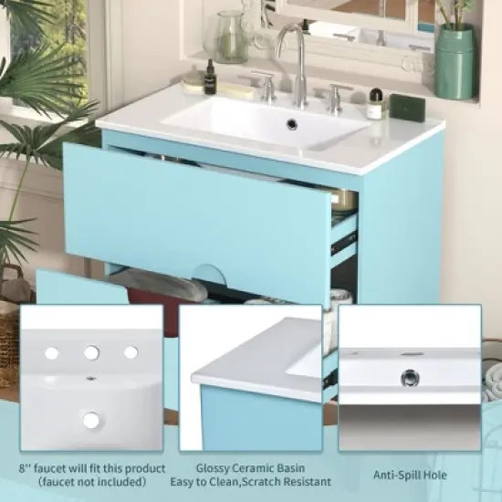 30'' Bathroom Vanity with Ceramic Sink, Solid Wood Frame Modern Bathroom Storage Cabinet with 2 Soft-Close Drawers, Blue - ModernLuxe image {5}
