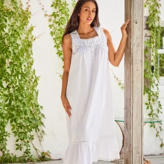 Women's Cotton Victorian Nightgown, Phoebe Sleeveless Lace Trimmed Button Up Long Vintage Night Dress Gown image {2}