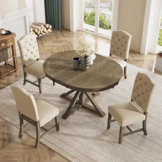 5 PCS Extendable Wood Dining Table Set with Round Table and 4 Upholstered Chairs-ModernLuxe image {1}