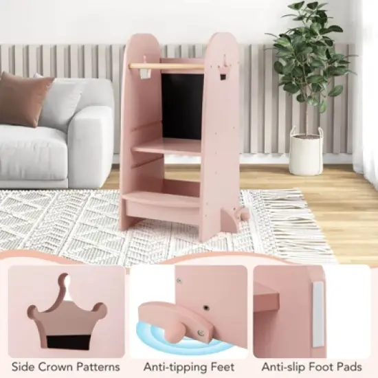 Costway Multi-purpose Kids Kitchen Tower Children Standing Tower Kids Stool Helper White/Pink image {9}