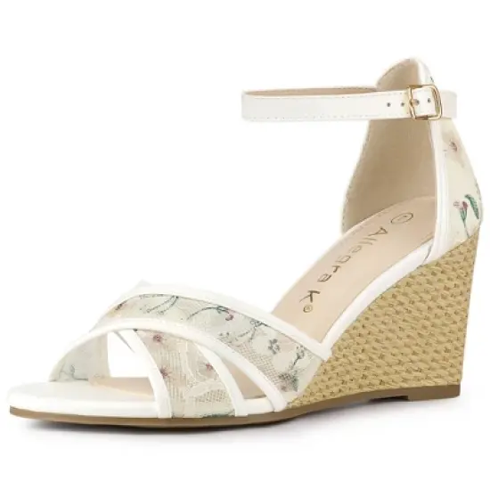 Allegra K Women's Floral Lace Mesh Wedges Sandals image {7}