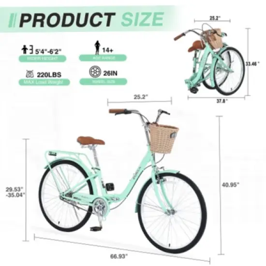 INFURNIC Bicycles 26" Single Speed Folding Bike Beach Cruiser Bike Step Through City for Easy Storage and Commuting, Green, 69.93"*25.2"*40.95" image {2}