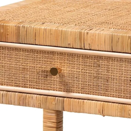 Adelia Natural Rattan & Mahogany 1 Drawer Nightstand with Shelf - Baxton Studio image {7}