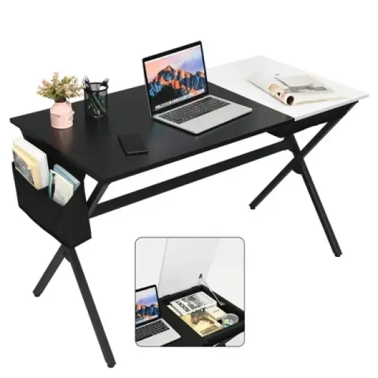 Costway Computer Desk Writing Study Laptop Table w/ Drawer & Storage Bag Walnut\Black image {10}