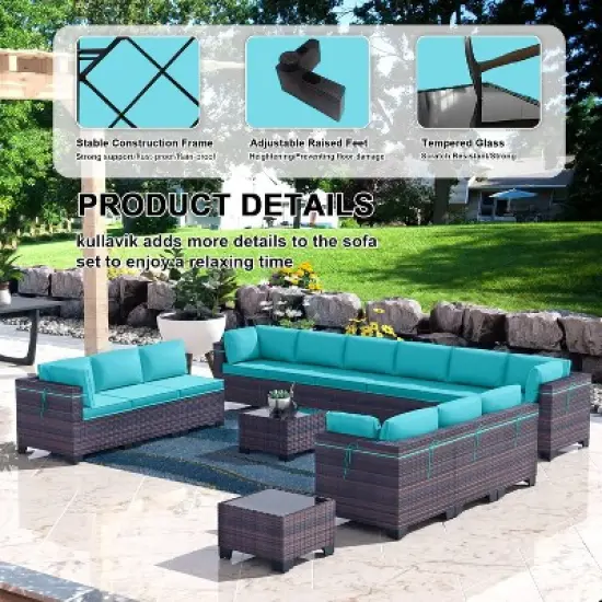 ALAULM 14 Pieces Outdoor Patio Furniture Set Outdoor Sectional Rattan Sofa Set Brown Manual Wicker Patio Conversation Set image {4}