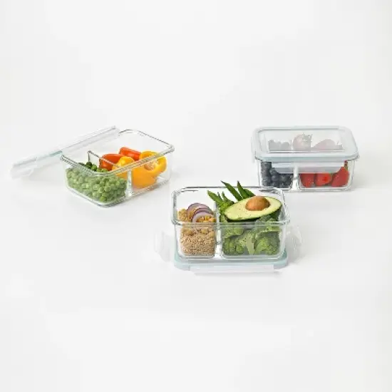 Glasslock Duo Clear Tempered Glass Microwave, Dishwasher, Freezer, Divided Food Storage Containers with Snap Lock BPA Free Plastic Lids image {1}