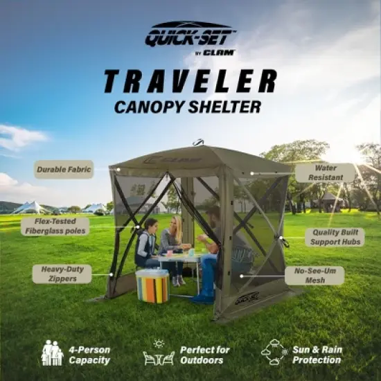 CLAM Quick-Set Traveler Portable Pop Up Outdoor Camping Gazebo Screen Tent Sided Canopy Shelter with Ground Stakes and Carry Bag image {2}