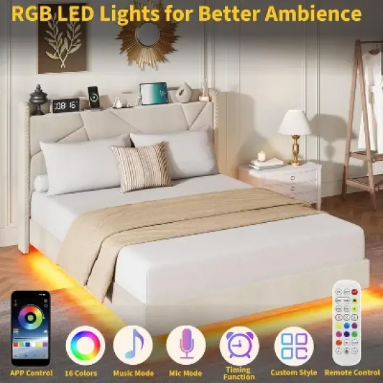 Full/Queen Size Floating Bed Frame with RGB LED Lights & Charging Station - Upholstered Suspended Bed, Storage Headboard, No Box Spring Needed image {3}