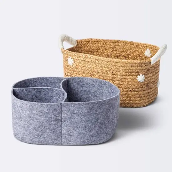 Braided Water Hyacinth with Tufted Embroidery Diaper Caddy Basket - Cloud Island&trade; image {3}