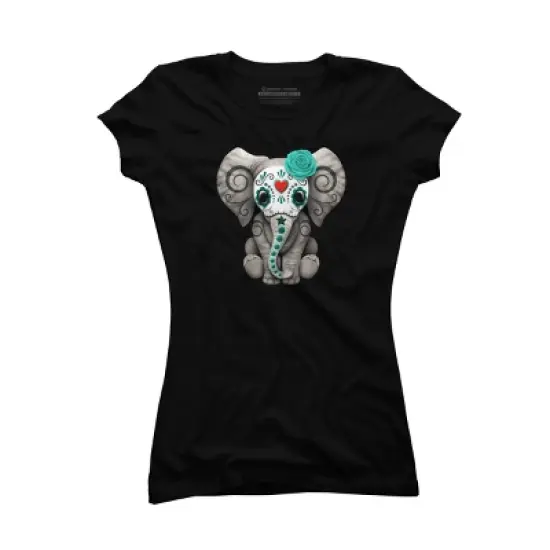 Junior's Design By Humans Blue Day of the Dead Sugar Skull Baby Elephant By jeffbartels T-Shirt image {3}